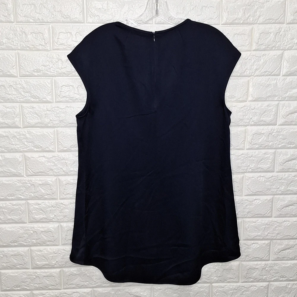 ST. JOHN Black Label Navy Satin High-Low Tunic Blouse
